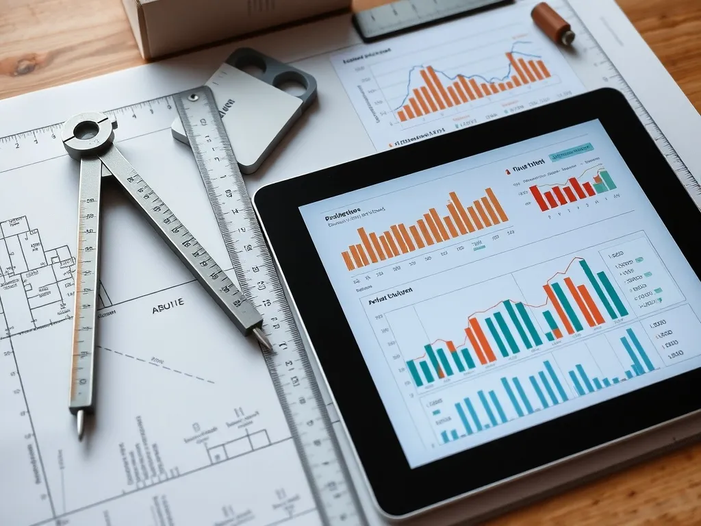 Architectural drawing tools on a desk, a compass, a ruler, a
