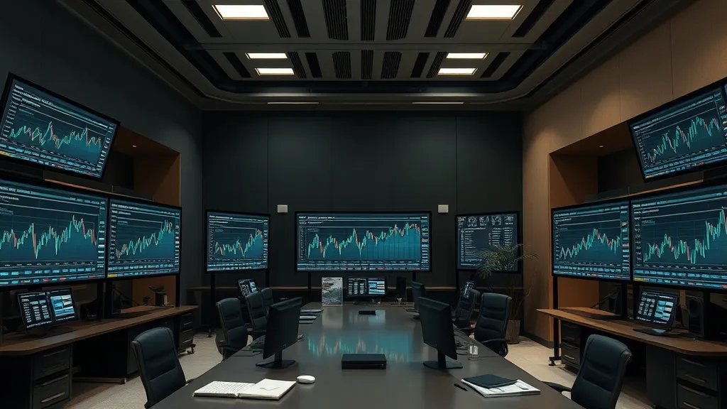 A high-tech workspace with multiple screens displaying finan