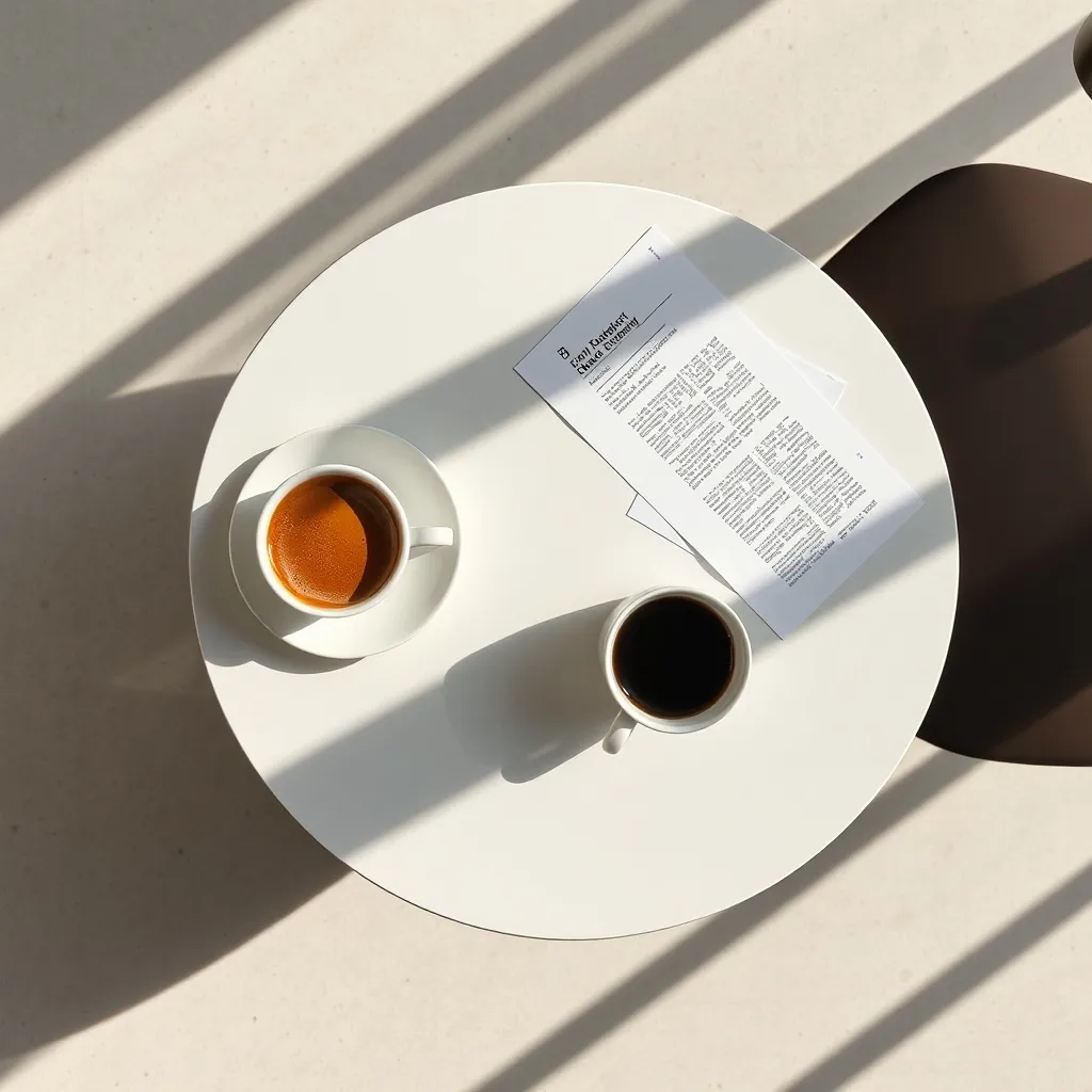 Top view of a modern minimalist cafe table with coffee and p